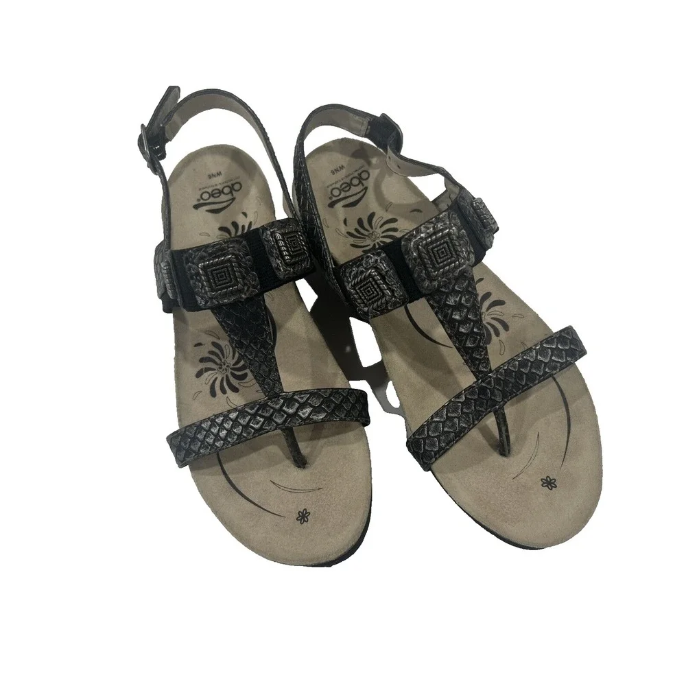 Abeo Women's Wedge Thong Buckle Sandals  Black Leather Etched Metallic 6 N